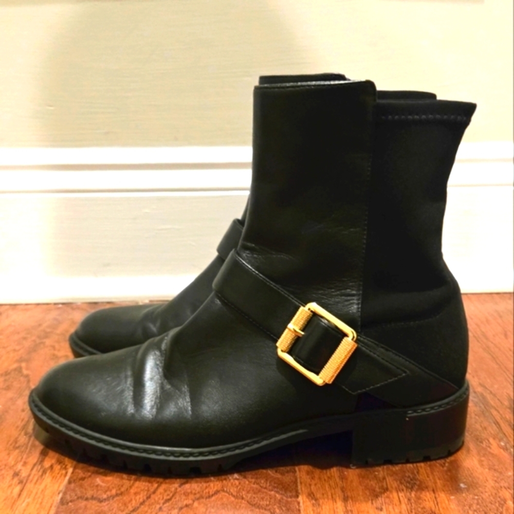 Stuart Weitzman Black Leather Ryder Lift Gold Buckle Bootie Shoes Size 7